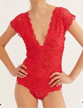 HAH Off the Hook red lace thong bodysuit size XS NWT